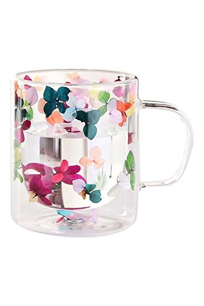 Bien Servi كوب قهوة زجاجي مزدوج الجدار بتصميم أنيق ومزخرف بحشوة زهور، سعة 250 مل