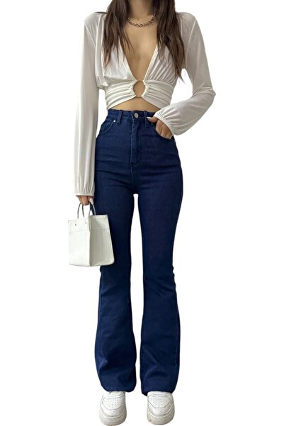 Livik Atana Women's Dark Blue Spanish Flare High Waist Lycra Jeans