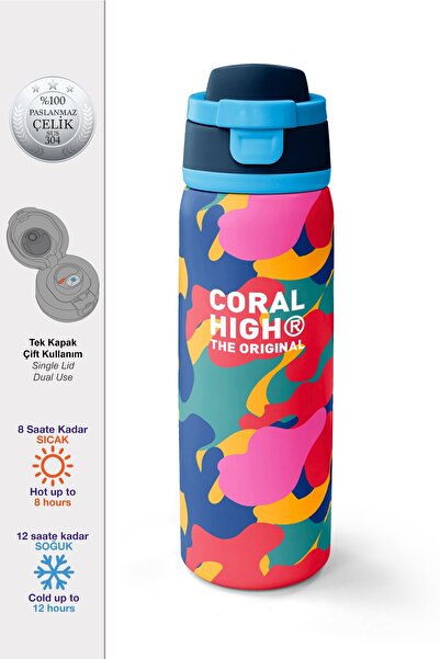 Coral High Colorful Camouflage Patterned Thermos with Straw and Direct Drinki...