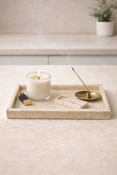 Marbello %100 Doğal Traverten Mermer Dikdörtgen Tepsi 17×32 cm – Dekoratif, K...