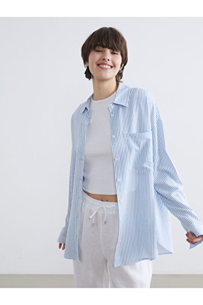 LC Waikiki GÜLİS GİYİM'DEN Mavi Çizgili Oversize Keten Karışımlı Kadın Gömlek