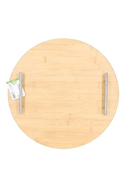Bien Servi Round Bamboo Serving Tray with Handle Natural and Silver
