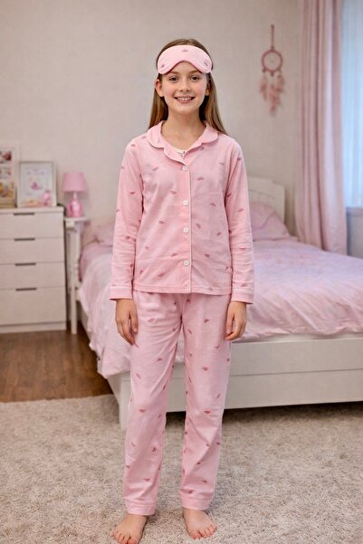 Enie Girl's Pink Cotton Watermelon Patterned Pajama Set with Piping and Sleep...