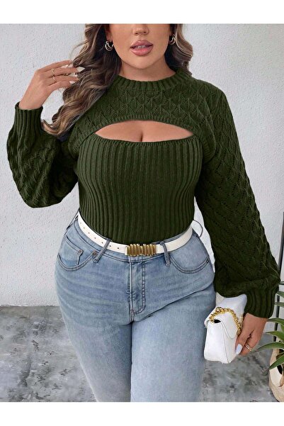 SHEZAN MODA Kadın Ajur Desenli Triko Bluz Göğüs Dekolteli Balon Kol Fitilli H...