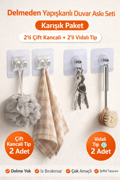 KayNal Şeffaf Yapışkanlı Duvar Kancası & Vidalı Askı Seti – Çok Amaçlı