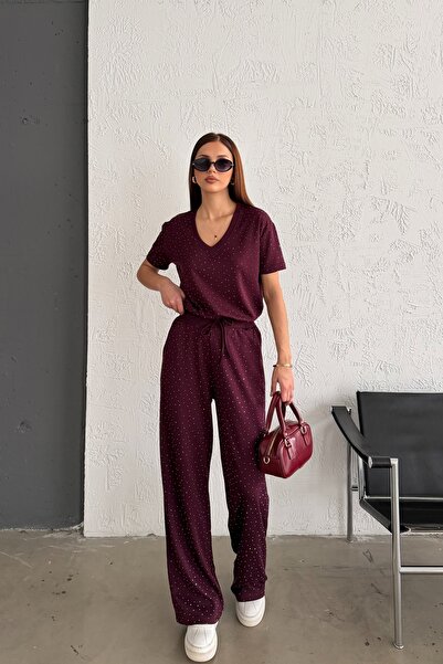 MODAMERSİ Women's Burgundy Stone Detailed V-Neck Blouse and Trousers Two-Piec...
