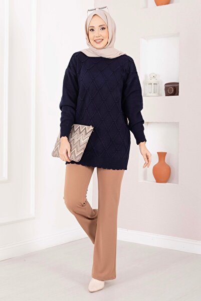 EBRUTESETTÜR Baklava Pattern Pompom Detailed Knitwear Sweater Navy Blue