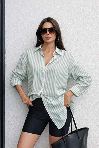 BEGBOR COLLECTİONS Women's Green Striped Oversize Long Sleeve Shirt