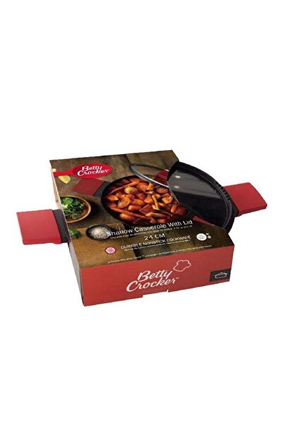 BETTY CROCKER Durable Non-Stick Shallow Casserole with Glass Lid Grey and Red...