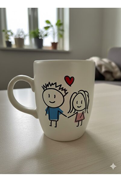 PALTO TASARIM Çizim Aşk Krem Oval Kupa - Hediyelik Kupa Fincan Mug