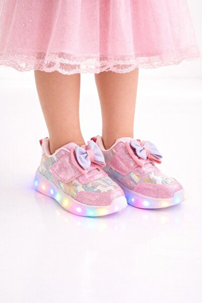 minibonito Pantofi sport pentru fete cu detaliu panglică și talpă cu LED-uri
