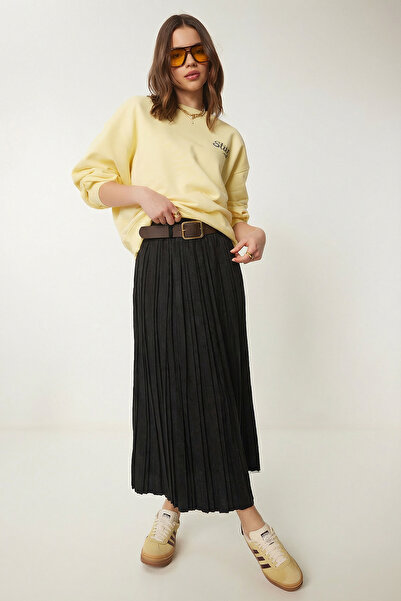Lovelyİstanbul Fusta lungă din piele întoarsă, plisată, cu curea LDP0092 NEGRU