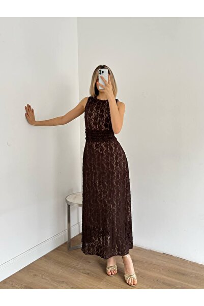 cemo Kadın Kolsuz Yuvarlak Yaka Dantel Dokulu Bel Lastikli Uzun Abiye Elbise