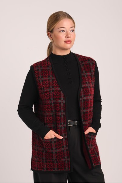 Uludağ Triko Women's Black Burgundy Plaid Patterned Knitwear Vest with Pockets