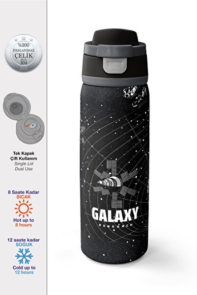 Coral High Siyah Galaxy Desenli Pipetli ve Direkt İçim Çelik Termos 800 ml 38533