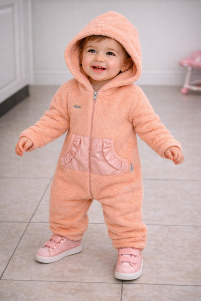 Chicsy Baby Kışlık tatlı Kız Bebek Peluş Tulum Kapüşonlu Fermuarlı Kışlık Pol...