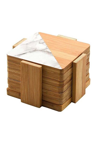 Bien Servi 6-Piece Square Shaped Bamboo Coaster Set Brown and Grey