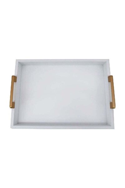 Felli Rectangular Wooden Tray with Handle Matte White and Brown 42 cm