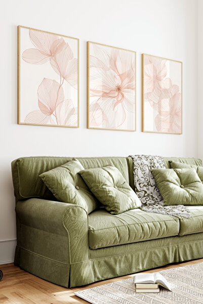 kutuTR Ahşap Çerçeveli 2D UV Baskı 3'lü Tablo set–Bohem Stil Minimalist Çiçek...