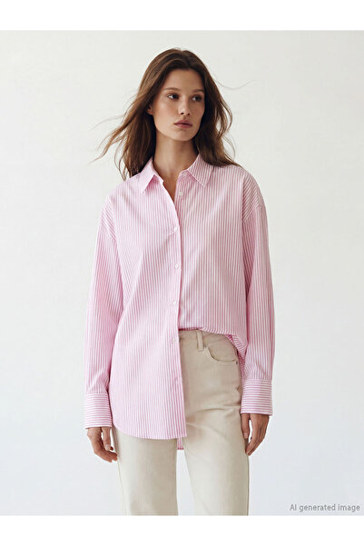 LC Waikiki قميص أكسفورد نسائي مخطط باللون الوردي