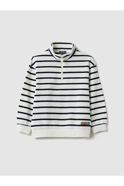 Ovs سويت شيرت أبيض مخطط للأطفال بنصف سحاب