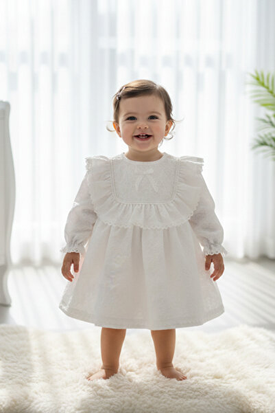 Bertuğ Bebek Lace and Ruffle Embossed Crepe White Baby Girl Mevlüt Dress