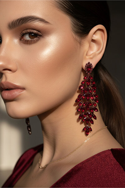 Happyline Bordo Küpe, Kristal Taşlı Büyük Küpe, Kına Küpe, Abiye Küpe, Sarkıt...