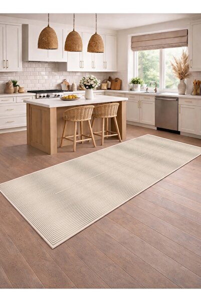 CENTER AVM Bej Halı Mutfak Halısı Makinede Yıkanabilir Halı Kaymaz Taban Halı