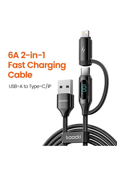 Toocki 1m Black 2 in 1 USB Type C Cable 100W Fast Charging Display Lighting C...