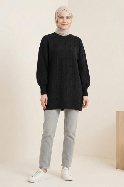 Kirazgym Women's Soft Knit Sweater with Side Slits and Pompom Detail - Black