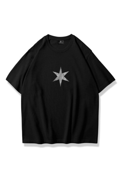 Trendiz Unisex 6 Star Taş Baskılı Tshirt Siyah