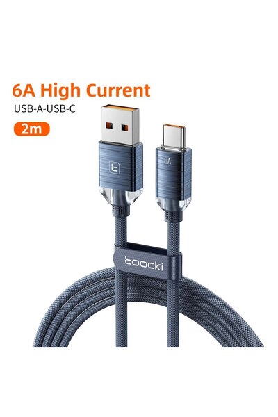 Toocki كابل USB من النوع C أزرق بطول 2 متر وقوة 6 أمبير لشحن سريع بقدرة 66 وا...