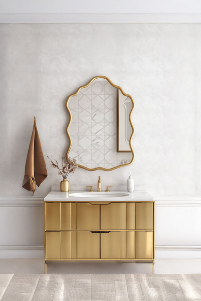 Mirze Life Kıvrımlı Duvar Aynası - Gold Çerçeveli Banyo Aynası - Asimetrik Sa...