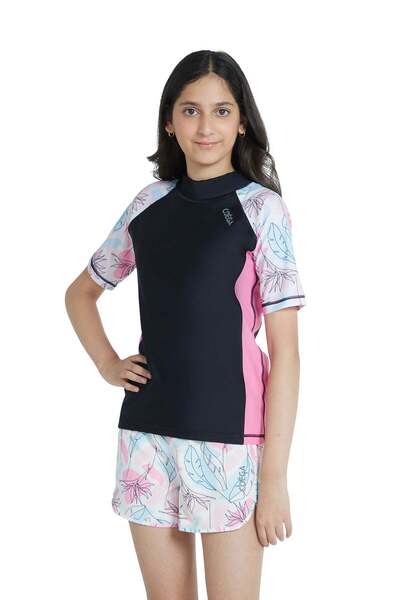 Coega Girls Youth Rashguard Short Sleeve - Nero Floral Drawings