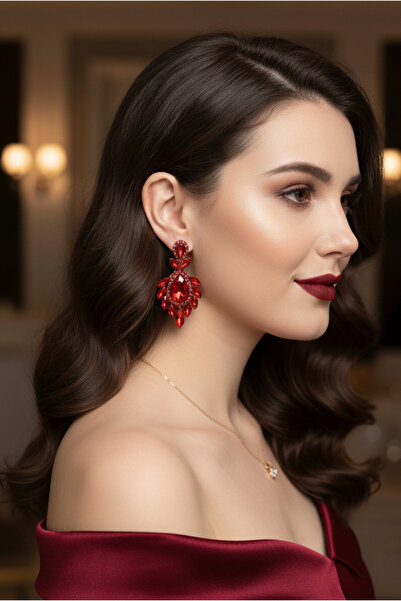 Happyline Red Earrings, Large Earrings with Crystal Stones, Henna Earrings, D...