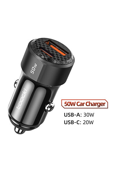 Toocki شاحن سيارة أسود بقوة 50 واط بمنفذ USB-C، يدعم الشحن السريع PD والشحن ا...