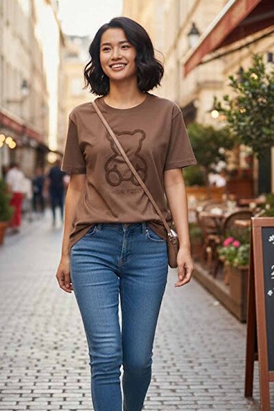 vynor atelier Women's Oversize 100% Cotton Crew Neck Teddy Bear Embroidered T...