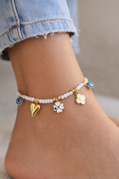 Miliva Nazar Beaded Heart Anklet |   Women's Beaded Anklet with Pendant