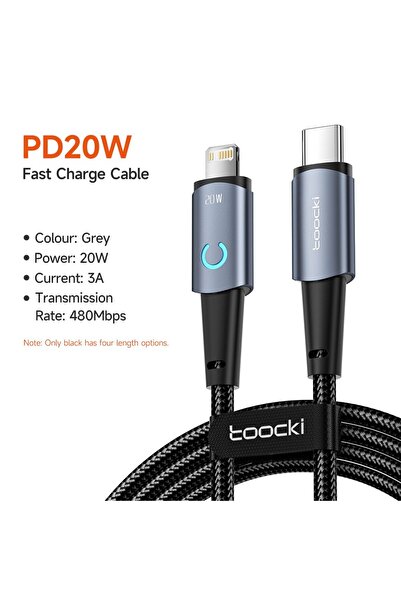 Toocki كابل USB-C رمادي بطول 1 متر، بقوة 20 واط، يدعم الشحن السريع PD، متوافق...