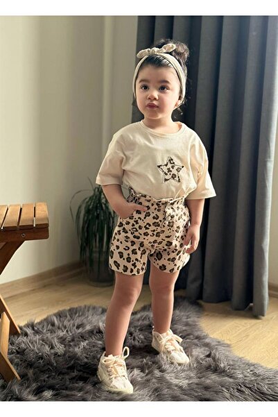 BAMU Kız Çocuk Gabardin Kumaş Leopar Detaylı Alt Üst Takım
