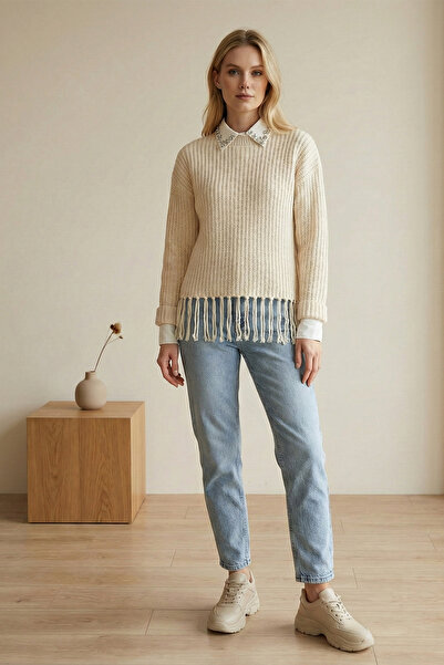 Kirazgym Women's Crew Neck Skirted Tassel Knit Sweater