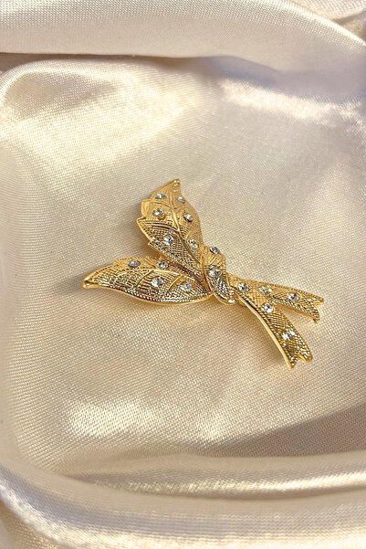 Luxe Loom Zarafetin Işıltısı Özel Tasarım Zirkon Taşlı Gold Renk Broş