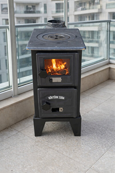 KUZİNECİM Mini Şömine Tip Mat Siyah Camlı Odun Kömür Sobası Taşınabilir Stand...