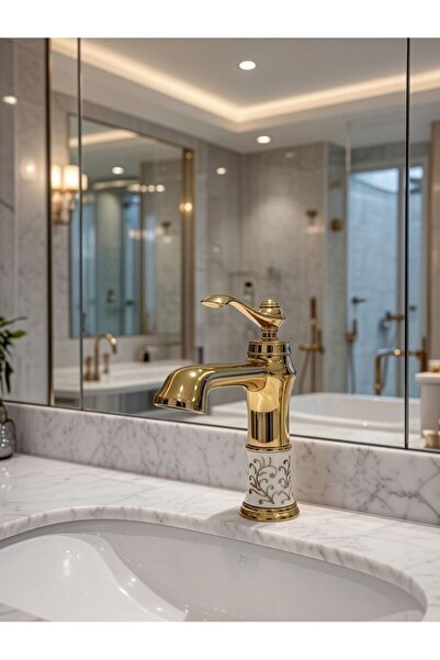 EMFA AKSESUAR صنبور حوض غسيل من البورسلين الذهبي بتصميم عتيق - صنبور حوض غسيل...