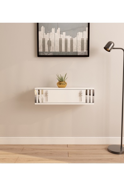 morepp Lena 70cm Duvara Monte , Kapaklı, Modern Dresuar Beyaz-Gümüş