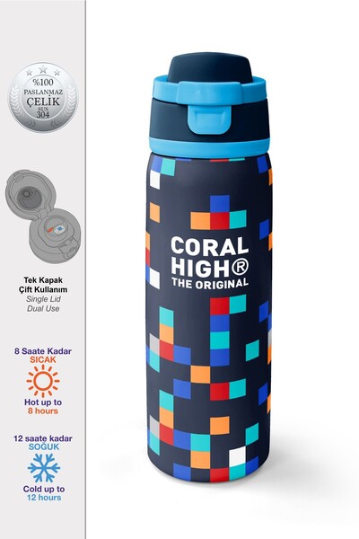 Coral High Lacivert Geometrik Desenli Pipetli ve Direkt İçim Çelik Termos 800...
