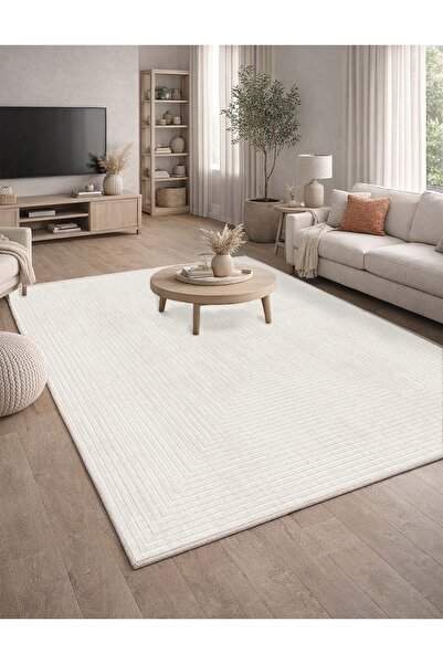 CENTER AVM Beyaz Halı Salon Halısı Makinede Yıkanabilir Halı Kaymaz Taban Halı