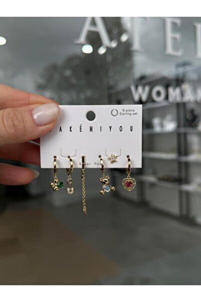 RMATELİER 6’lı Ayıcık, Kalp ve Yonca Figürlü Sevimli Küpe Seti Gümüş Klips