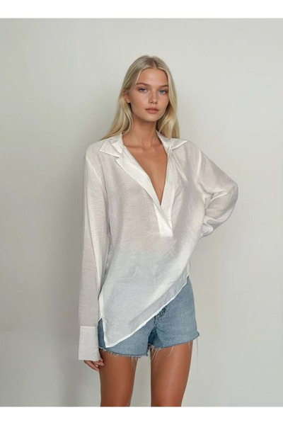 ibeeka New Season Ecru Color Collar and Sleeve Cuff Detail Transparent Shirt ...