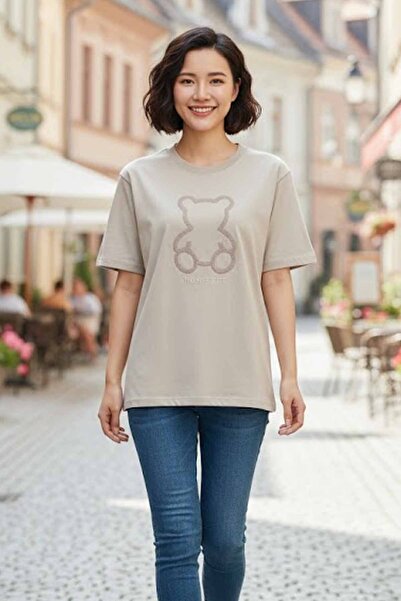 vynor atelier Women's Oversize 100% Cotton Crew Neck Teddy Bear Embroidered T...